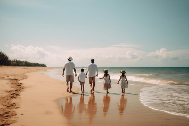 Two Fathers and Children on the Beach Family Fun in the Sun Generative AI