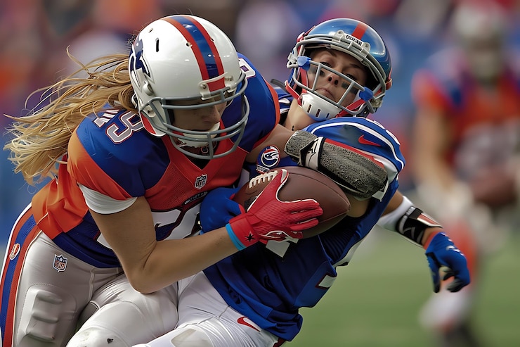 Photo two female american football players in a close play