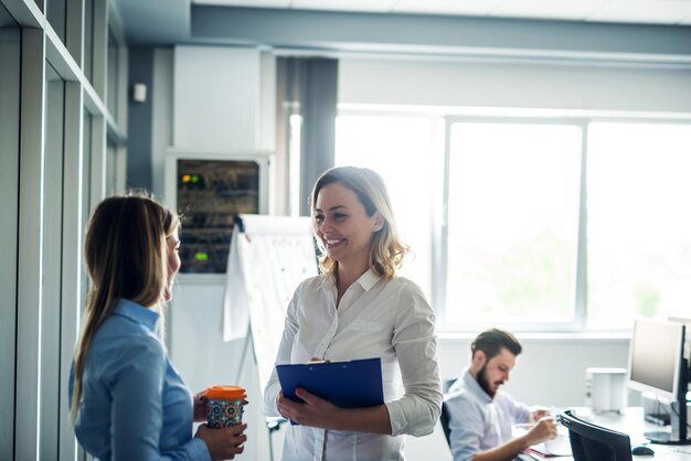 Two female colleagues discussing business in an office.