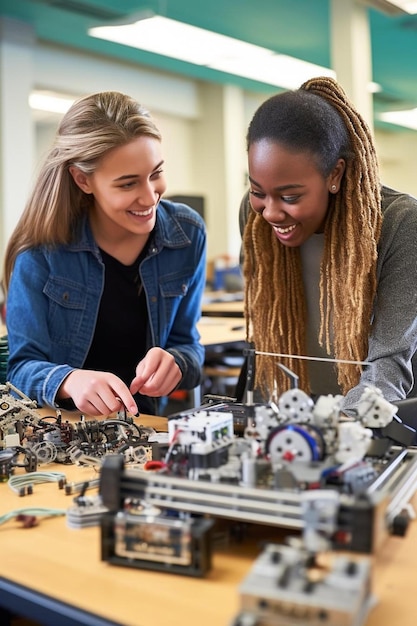 Photo two female college students building machine in science robotics or engineering class