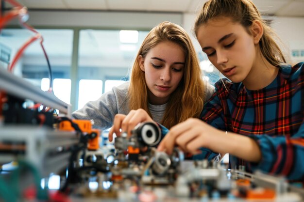 Two Female College Students Building Machine In Science Robotics Or Engineering Class