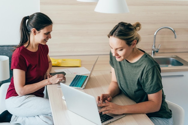 Two female coworkers working using laptops in the kitchen