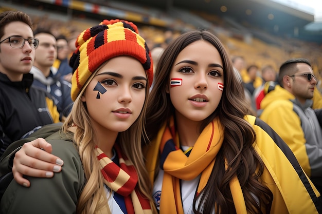 Two Female Football Fans Watching Soccer In The Stadium