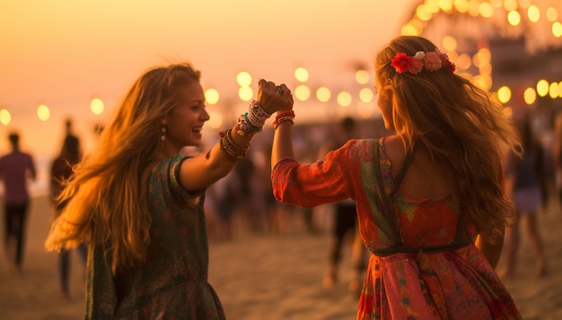 Two female friends dancing and having fun at music festival in the summer summer holiday vacation