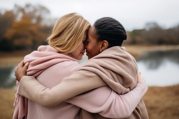 Photo two female friends or partners embracing each other