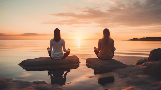 Photo two female friends practicing meditation on the beach