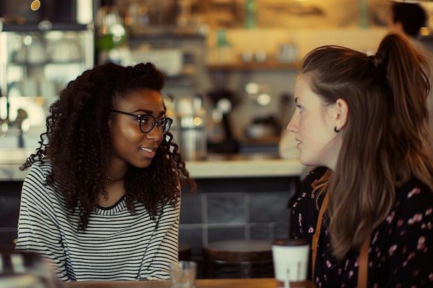 Photo two female friends talking at a coffee shop