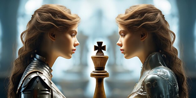 Two female knights fighting on chessboard Concept of comparison of eras