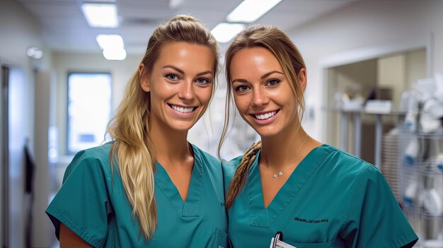 two female nurses smiling in a hospital room