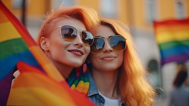 Two female pals are out and about in the city carrying an LGBT pride flag and using Generative AI