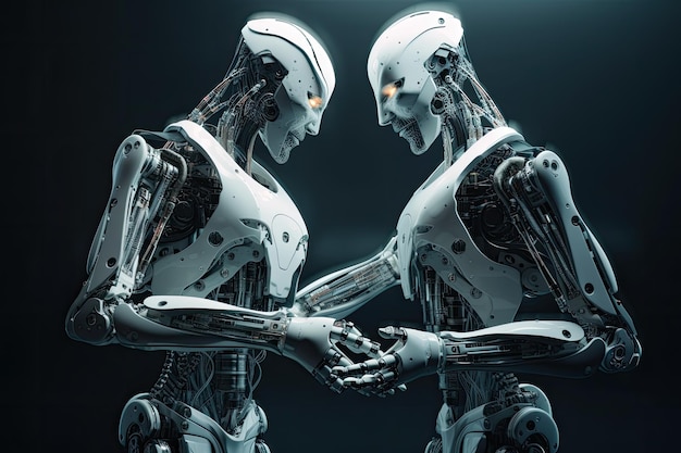 Two female robots looking at each other on black background 3D rendering Futuristic Robots handshaking AI Generated