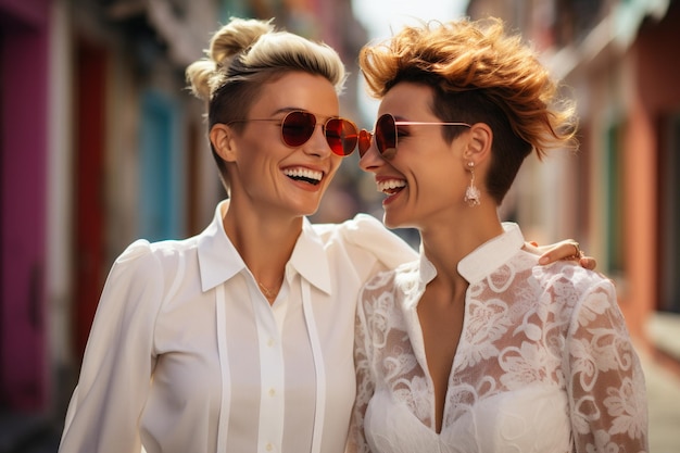 Две близнецы позируют на улице вместе, наклонившись и обнимаясь друг с другом Модные женщины после салона красоты в белых рубашках с стильными джинсовыми шортами чувственность улыбается