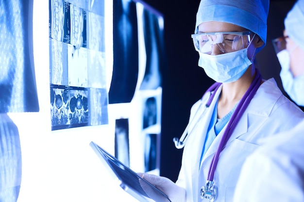 Two female women medical doctors looking at xrays in a hospital