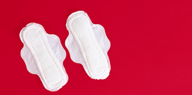 写真 2つの女性用生理用ナプキン、ナプキン。月経周期中の女性用衛生製品。赤い背景。スペースをコピーします。高品質の写真