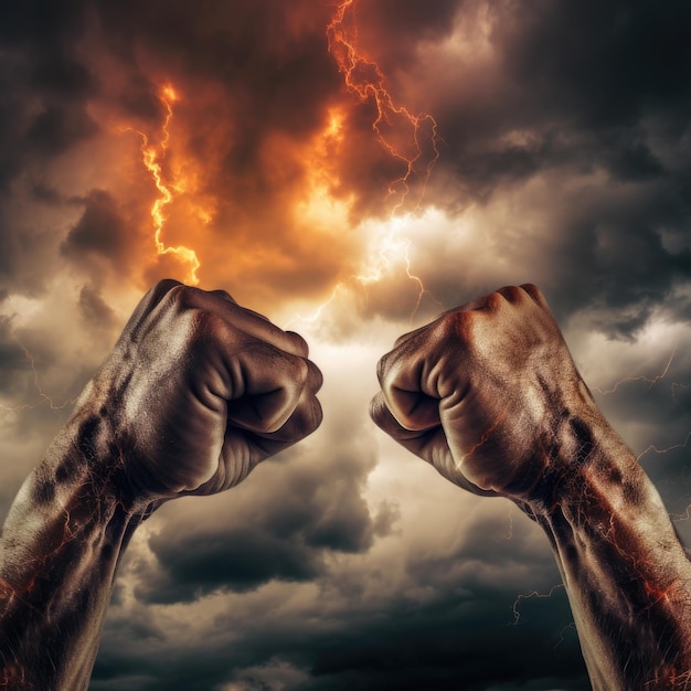 Photo two fiery fists in impact with stormy sky in background conflict concept generative ai