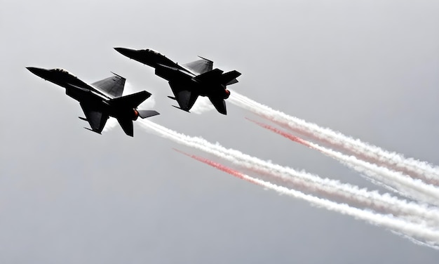 Two fighter jets in flight with contrails against a gray sky