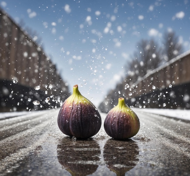 Two figs on the street in the rain Winter background