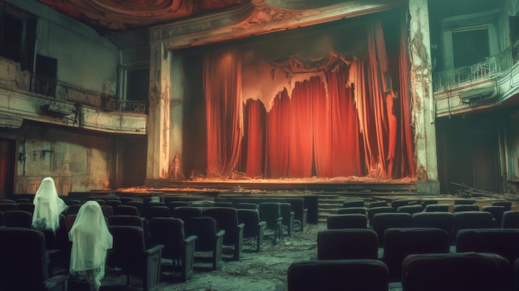 Photo two figures in white stand in an abandoned theater