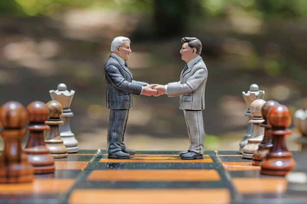 Two figurines are shaking hands on a chess board