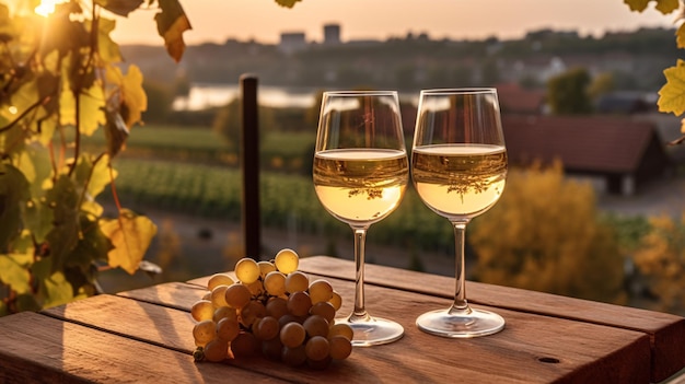 Two filled from a glass of white wine with white grapes against the backdrop of a vineyard and sunset Generative Ai