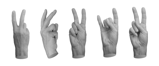 Two fingers gestures for V symbol victory rock horns hand sign isolated on white background set