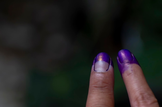 잉크로 얼룩진 두 손가락은 인도네시아 선거에서 새로운 대통령을 선택하는 데 참여한 주민을 보여줍니다.