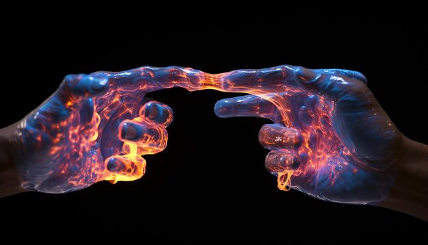 Two fingertips touching made of vibrant liquid plasma