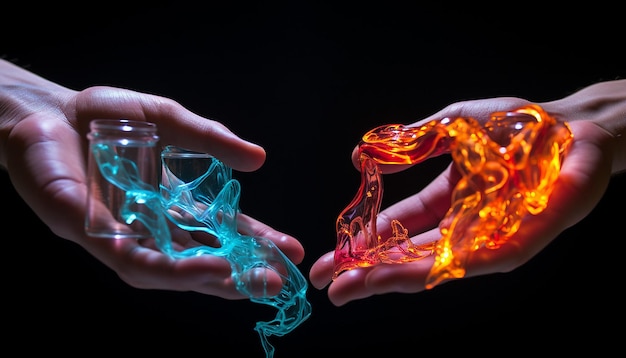 Two fingertips touching made of vibrant liquid plasma
