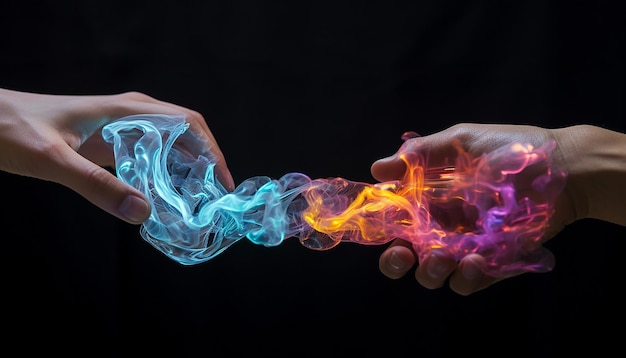 Two fingertips touching made of vibrant liquid plasma