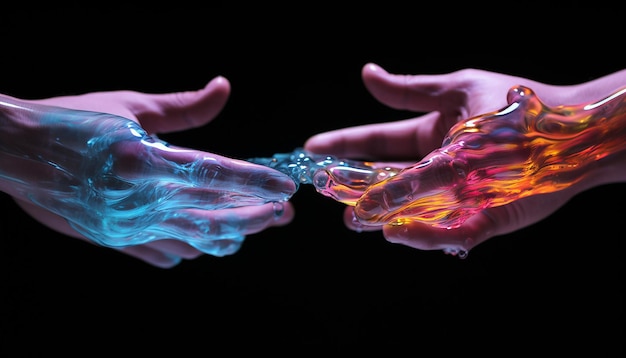 Two fingertips touching made of vibrant liquid plasma