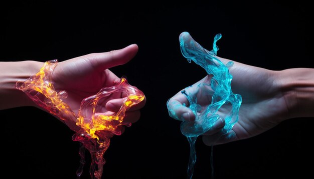 Two fingertips touching made of vibrant liquid plasma