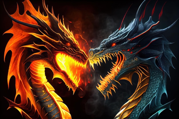 Two fire breathing dragons fighting