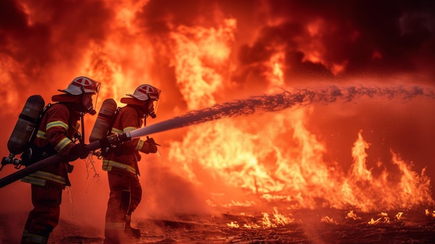 Two firefighters battling large fire