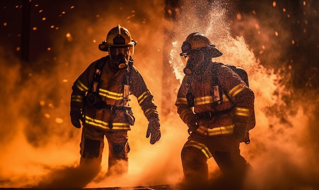 Two firefighters in fire gear stand in a smoke filled room.