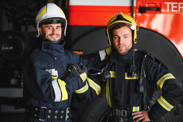 Two firefighters in protective clothing in helmets with fire engine friendly handshake