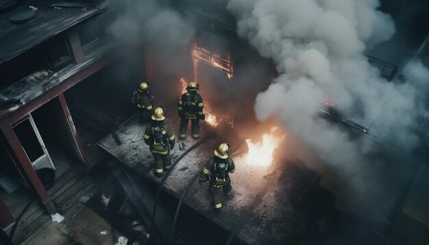 사진 ai가 생성한 위험한 지옥 속에서 불타고 있는 공장을 진압하기 위해 노력하는 두 명의 소방관