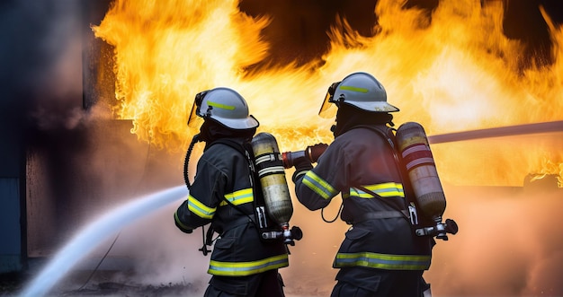 Foto due vigili del fuoco stanno spruzzando acqua su un grande incendio.