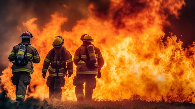 two firemen are standing in front of a fire