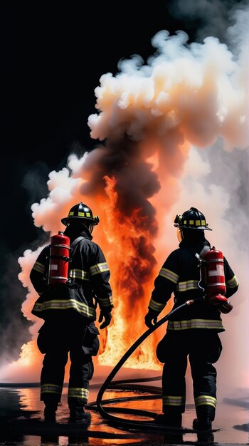 Two Firemen Standing in Front of Large Fire