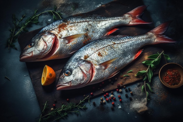 Two fish on a cutting board with spices and herbs