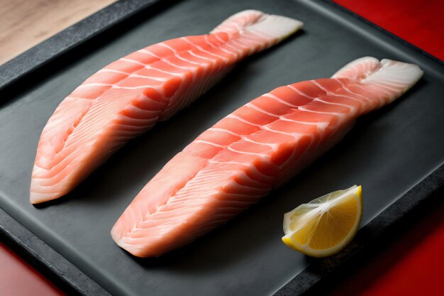 Two Fish Fillets On A Tray With A Lemon Wedge