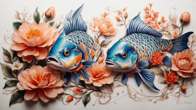 Two Fish and a Flower on White