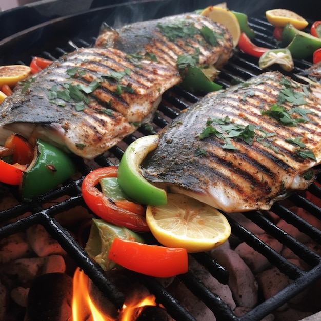 Two fish on a grill with vegetables on the grill