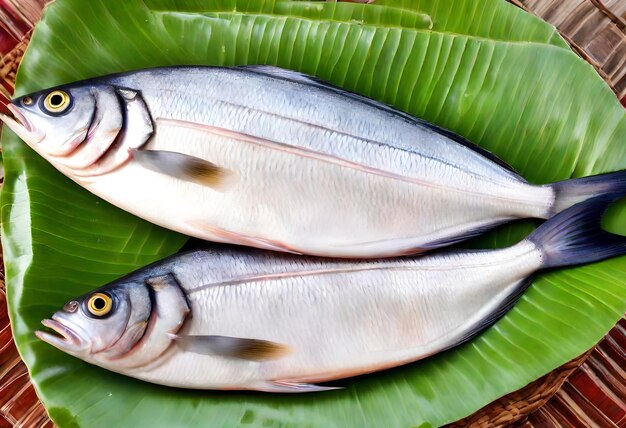 黄色いノックを持つ葉の上の2匹の魚