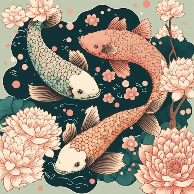 Фото Две рыбы плавают в пруду с цветами и листьями.