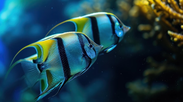 透明 な 青い 海 で 水 の 下 で 泳ぐ 二 匹 の 魚
