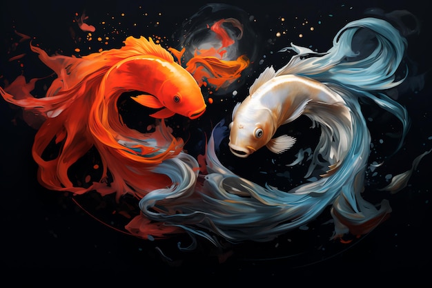 写真 陰陽を象徴する二匹の魚 オレンジと青の魚 ai生成