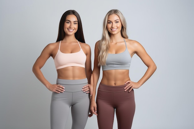 Two fit young women stand together in sportswear embracing a healthy lifestyle in the studio clean background Generative AI