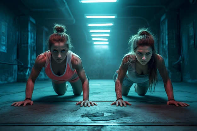 Two fitness girl doing push ups in a gym in the style of light teal and light red