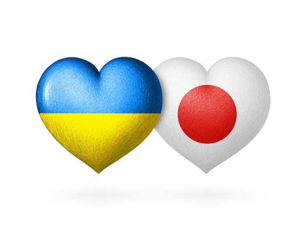 두 개의 깃발 하트 우크라이나와 일본의 깃발 깃발 색깔의 두 개의 하트